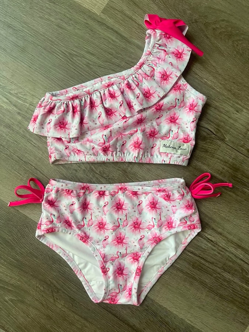 Girls' Pink Flamingo‎ Ruffle One-Shoulder Bikini Set size 6